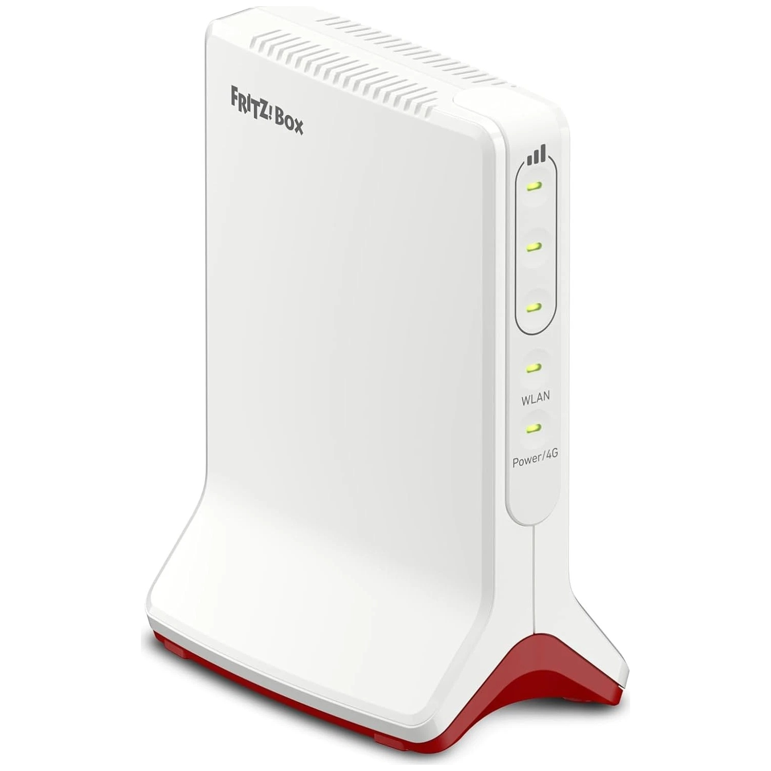 Een witte FRITZ!Box router met rode accenten en groene LED-indicatoren.