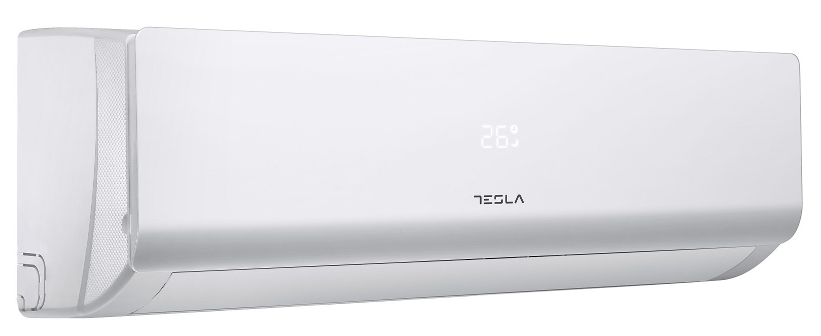 Fehér Tesla légkondicionáló beltéri egység, 26 fokos kijelzővel.