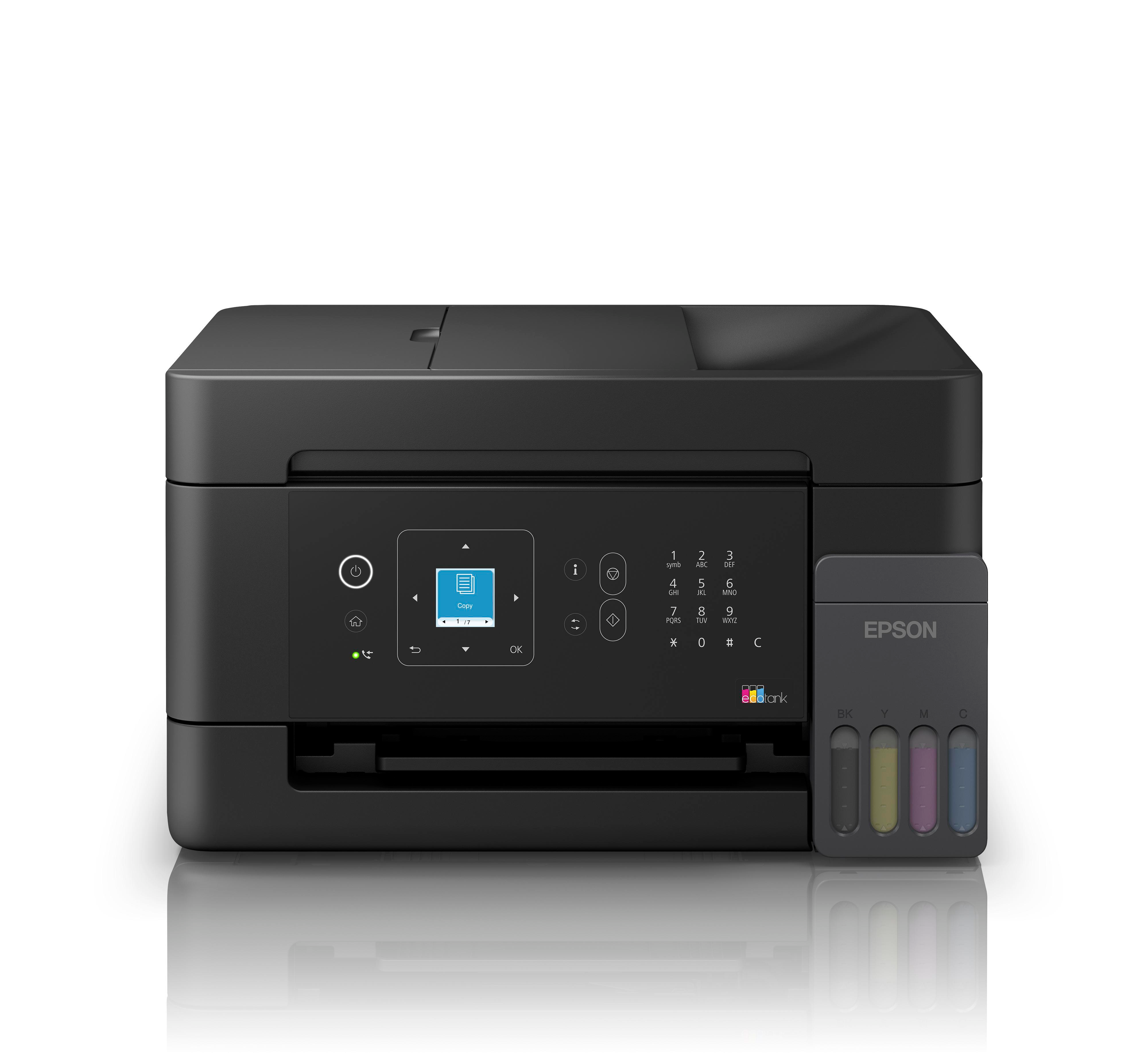 Ein schwarzer Epson EcoTank Drucker mit Farbpatronen und einem Bedienfeld.