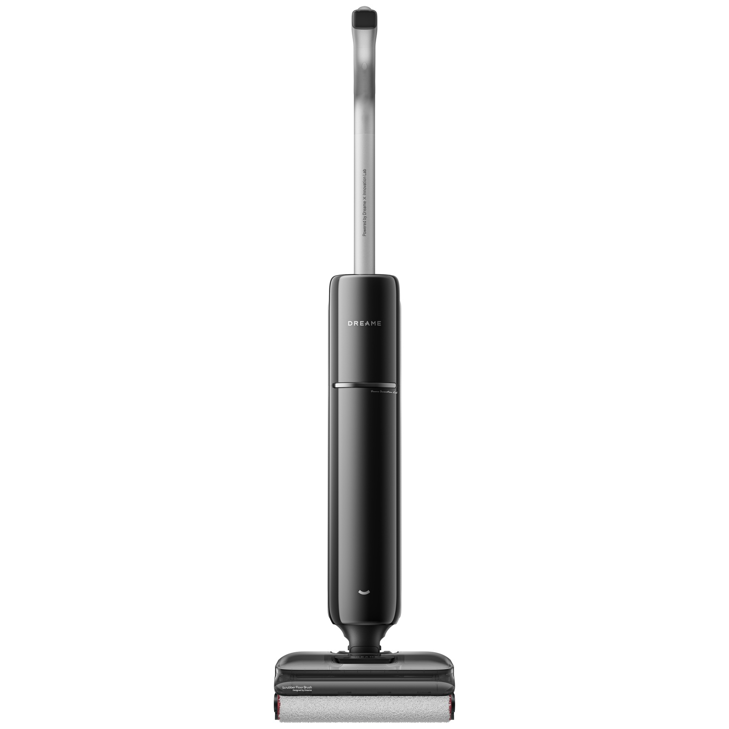 A sleek, dark stick vacuum cleaner with a brush head stands on a white background.