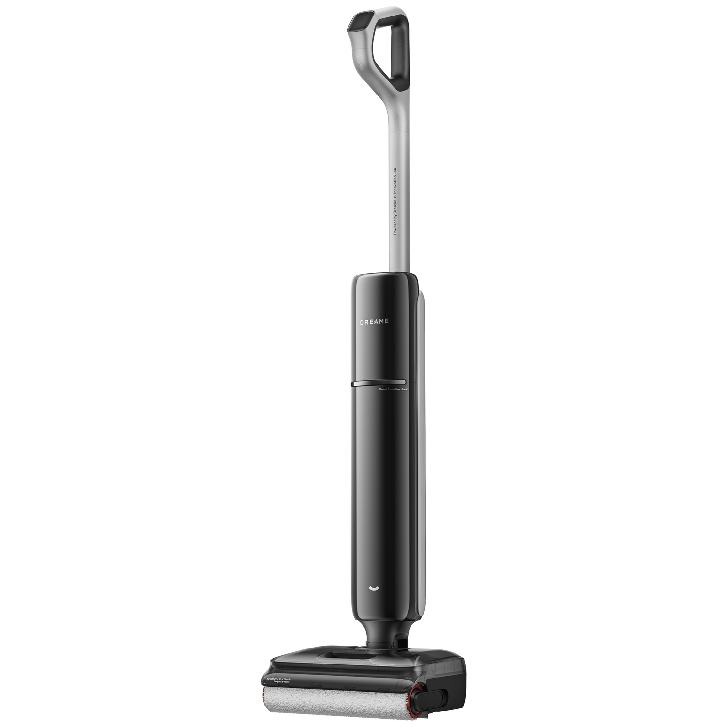 A sleek, black floor cleaner with a silver handle and brush head.