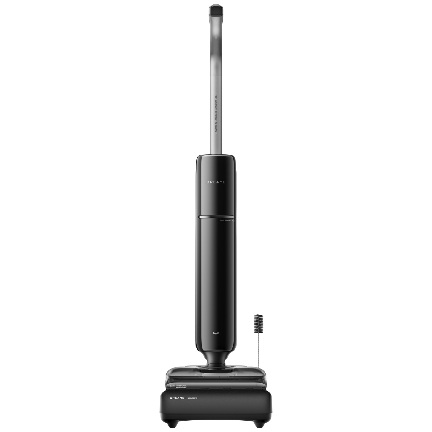 A sleek, black floor cleaner with a silver handle and brush.