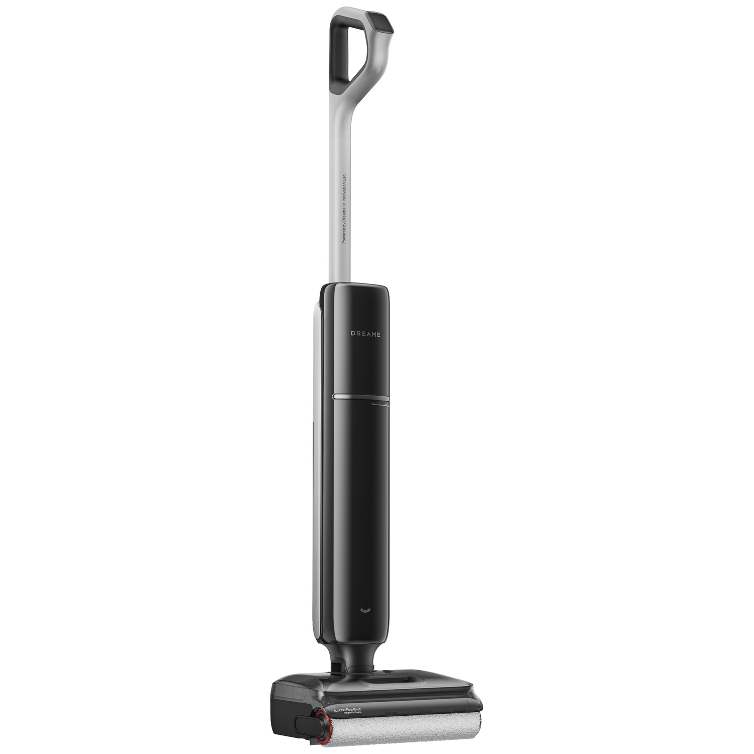A modern, sleek black floor washer with a silver handle, set against a white background.