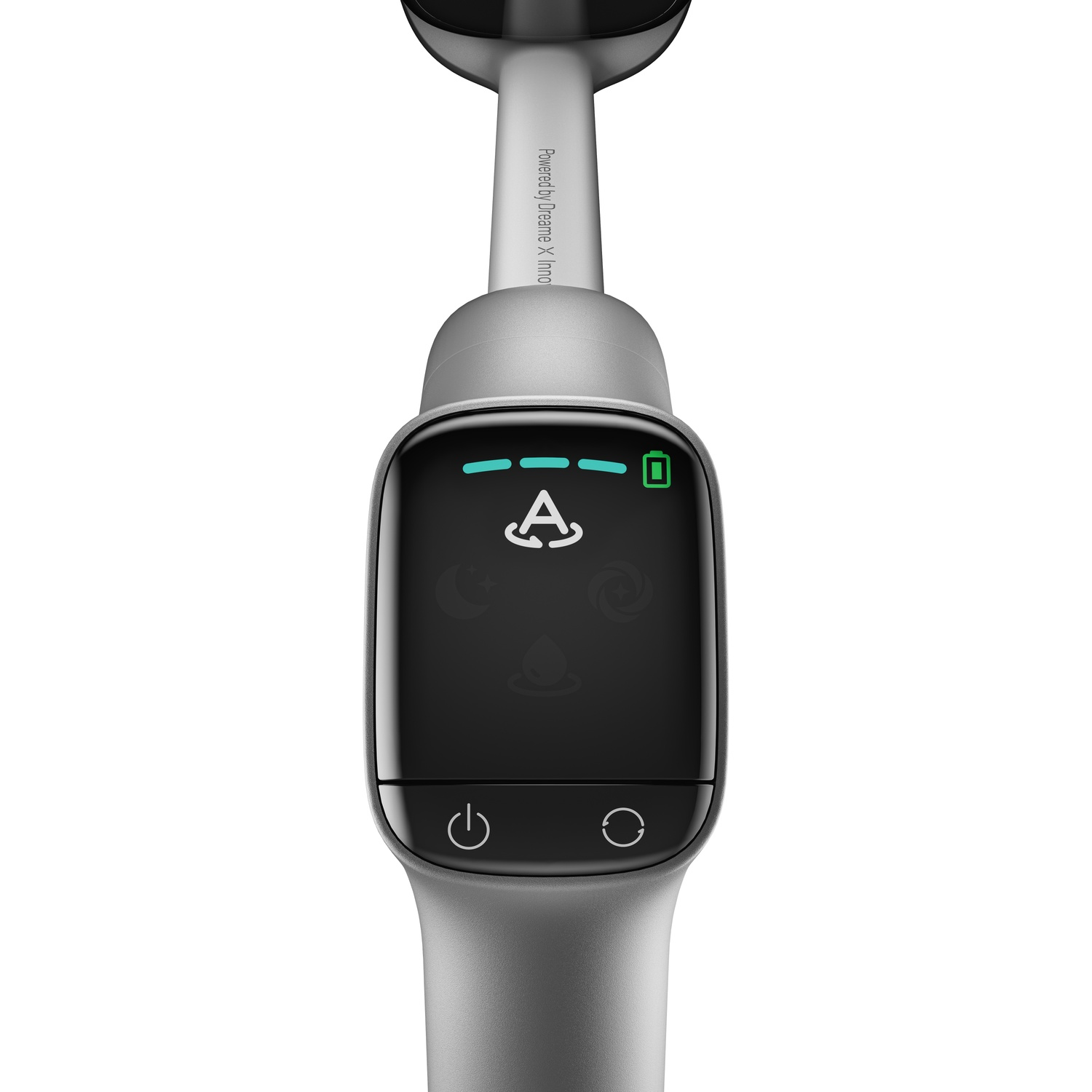 Gray device with a black screen showing icons and a battery indicator.