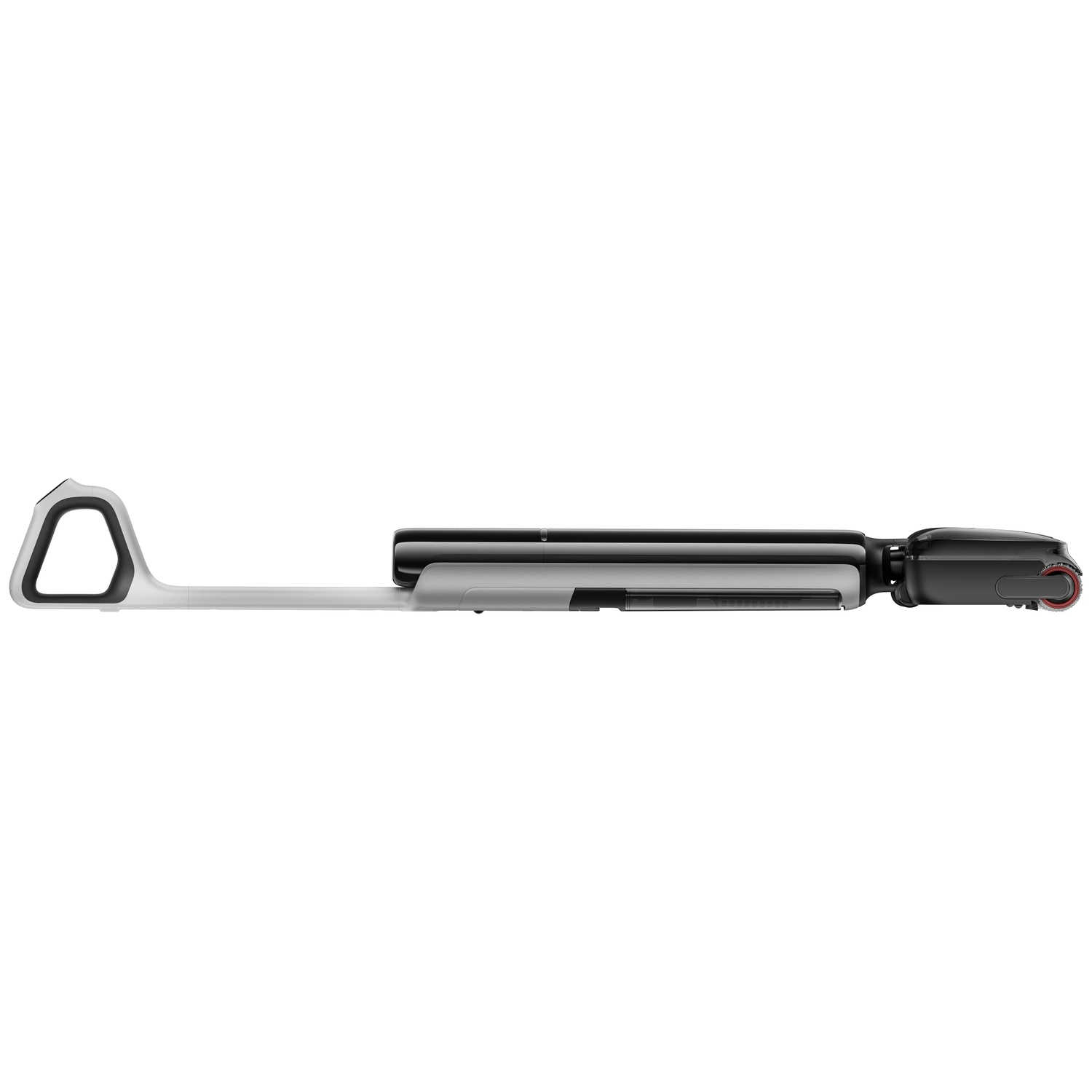 A sleek, black and silver cleaning device with a rounded handle.
