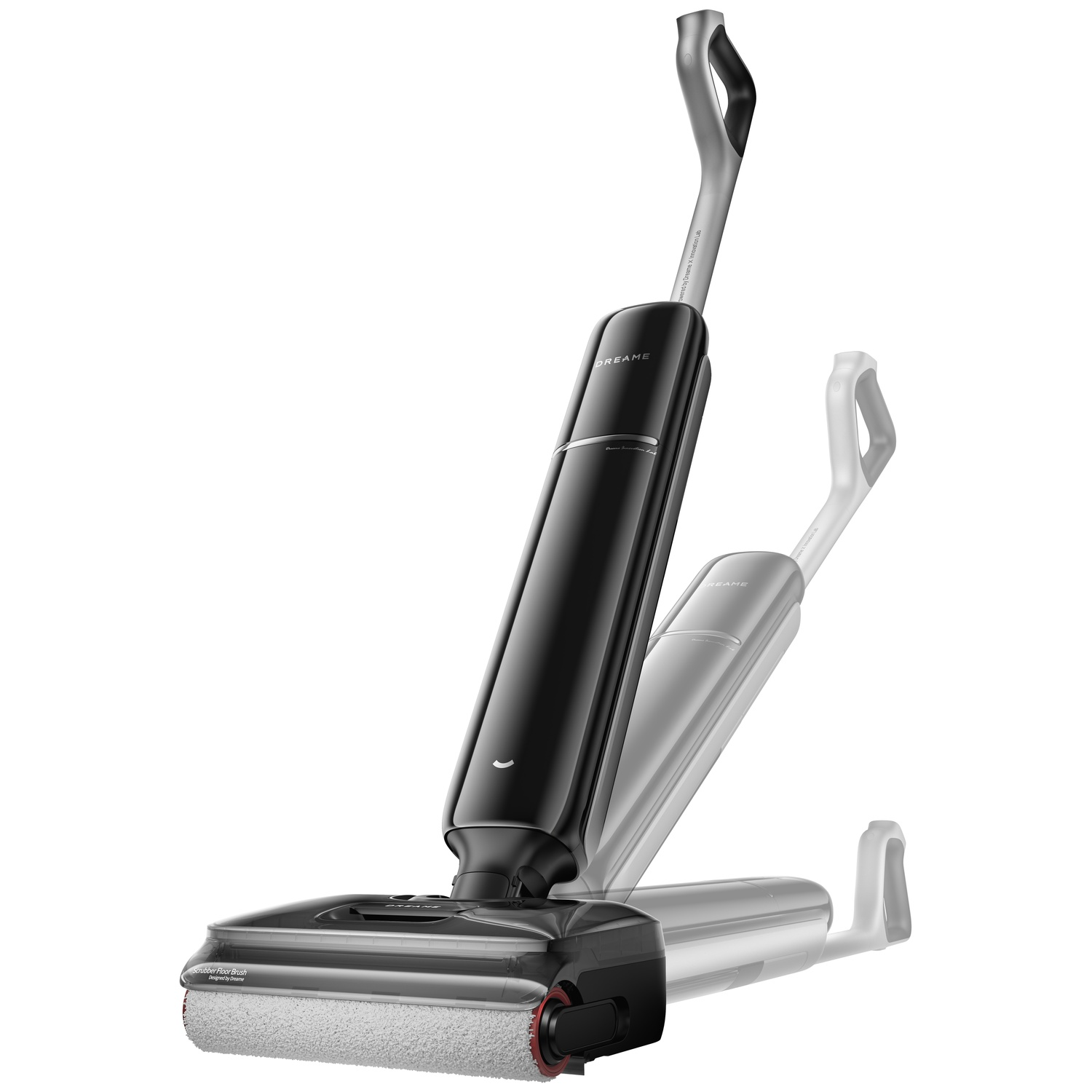 Black floor scrubber with brush and silver handle. Transparent view.