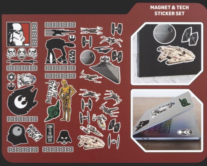 Star Wars Sticker-Set mit Raumschiffen, Figuren und Symbolen auf rotem Hintergrund.