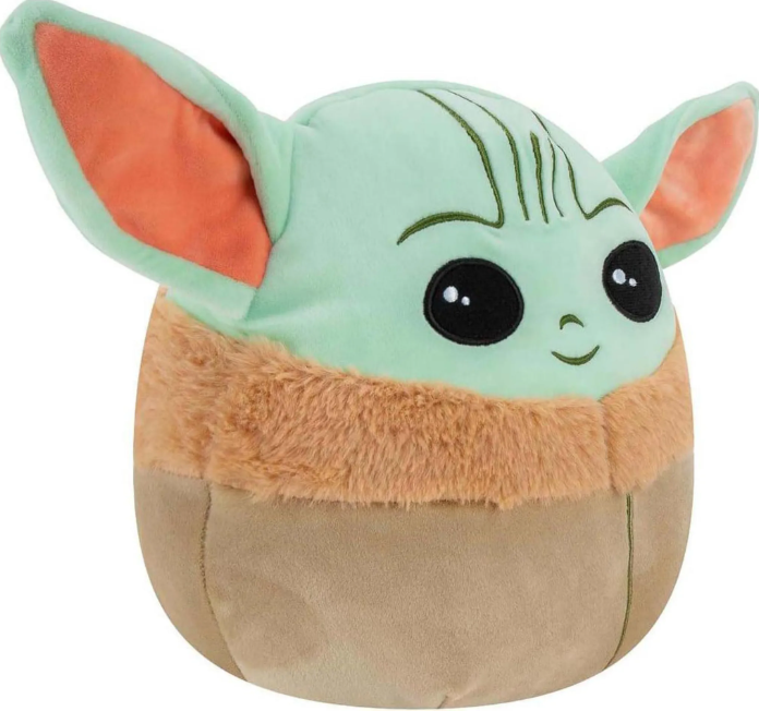 Ein hellgrüner Plüsch-Yoda mit großen Ohren und Pelzkragen.