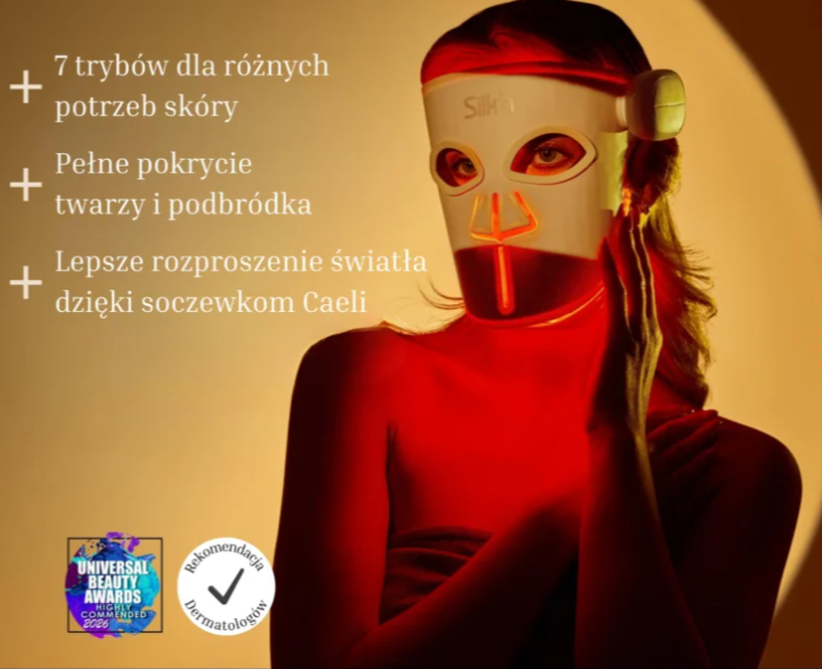 Kobieta w czerwonej masce LED do twarzy z tekstem o korzyściach dla skóry.