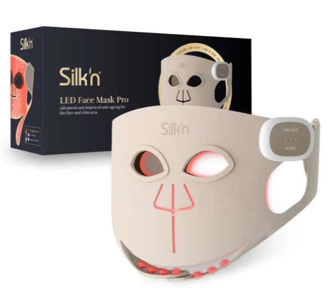 Beżowa maska LED Silk'n Face Mask Pro z opakowaniem.