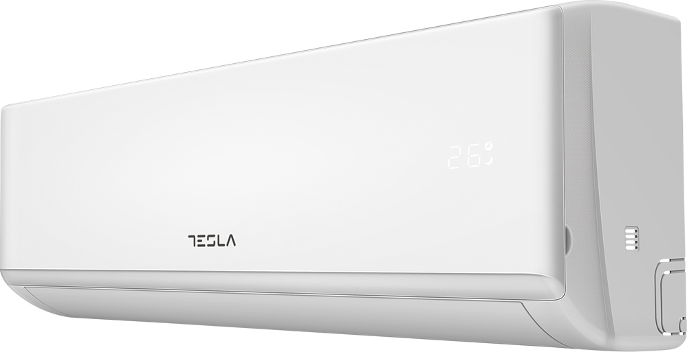 Fehér Tesla légkondicionáló beltéri egység világító hőmérséklet kijelzővel.