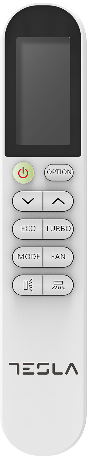 Fehér távirányító fekete kijelzővel és gombokkal: Power, Opció, nyilak, Eco, Turbo, Mód, Ventilátor.