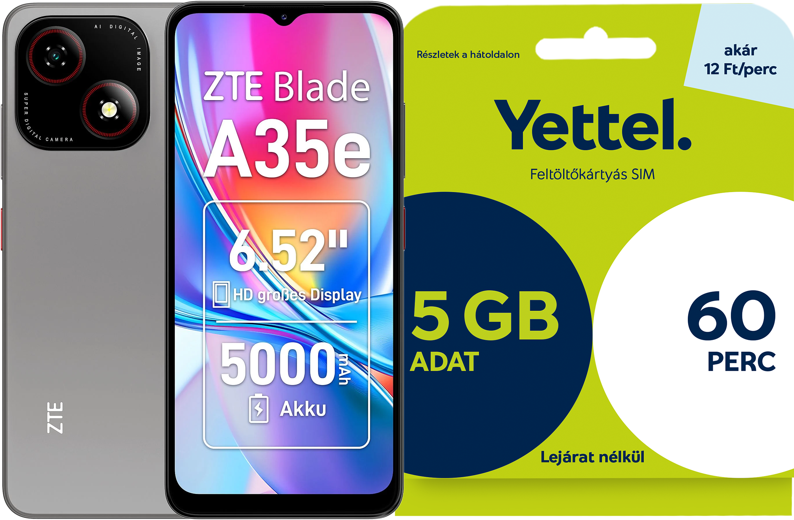ZTE BLADE A35E 4/64 GB DualSIM Szürke Feltöltőkártyás Okostelefon + Yettel L Expressz SIM kártya