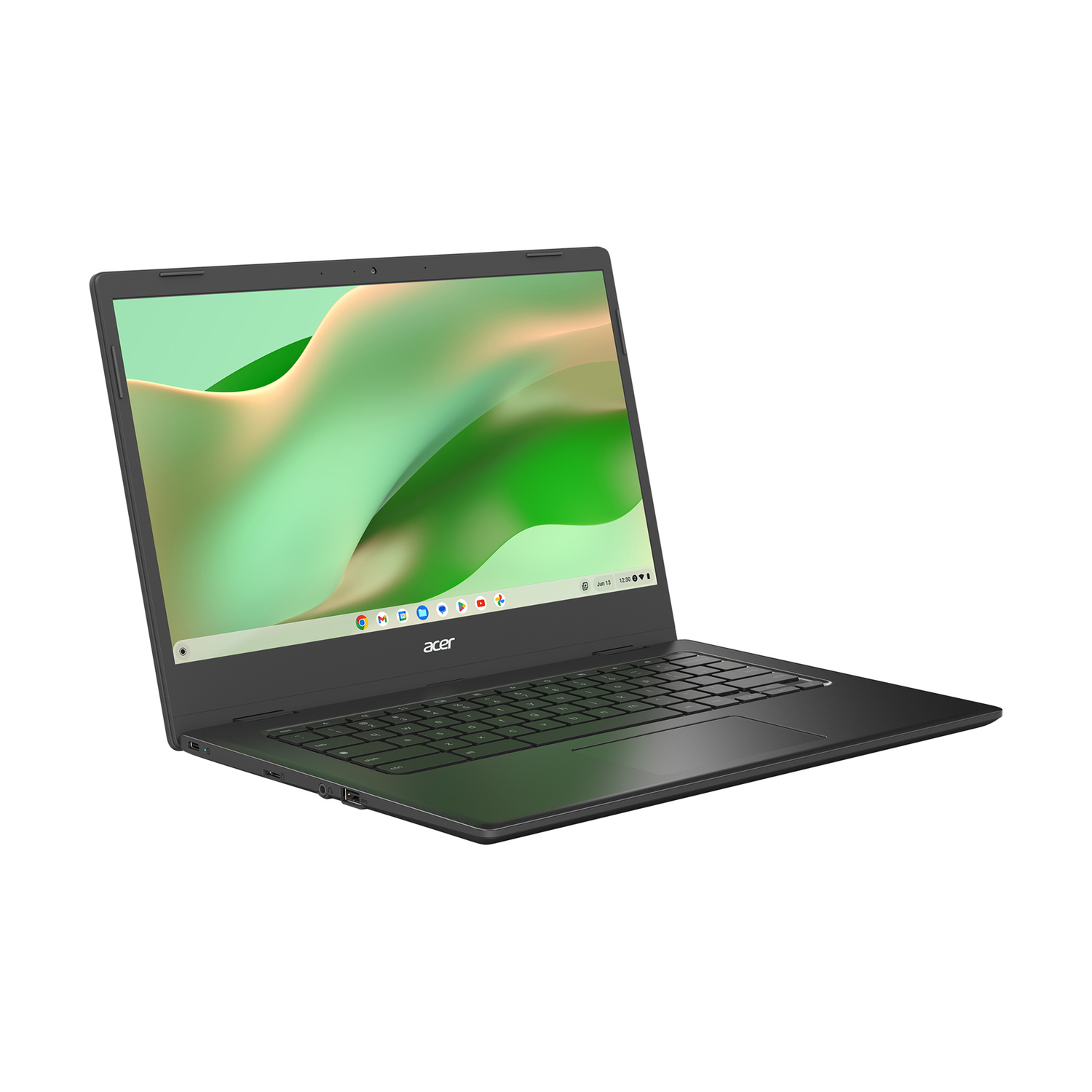 Un laptop Acer nero chiuso con sfondo verde sullo schermo.