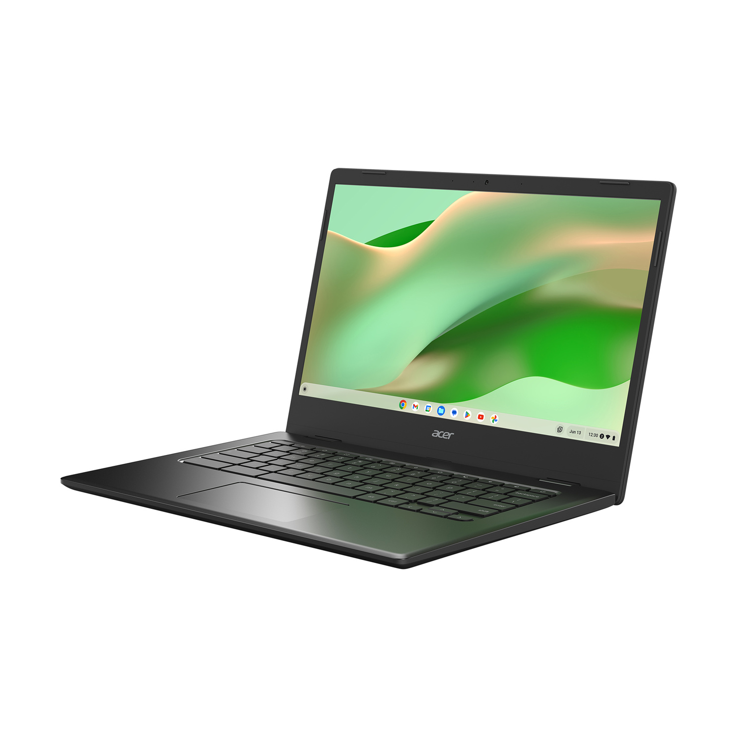 Un laptop Acer nero aperto con uno sfondo verde e giallo sullo schermo.