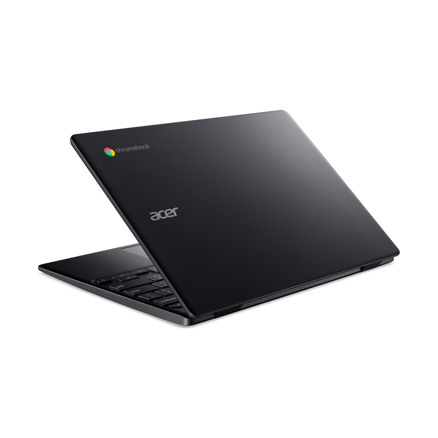 Chromebook Acer nero, leggermente aperto, mostra la tastiera.
