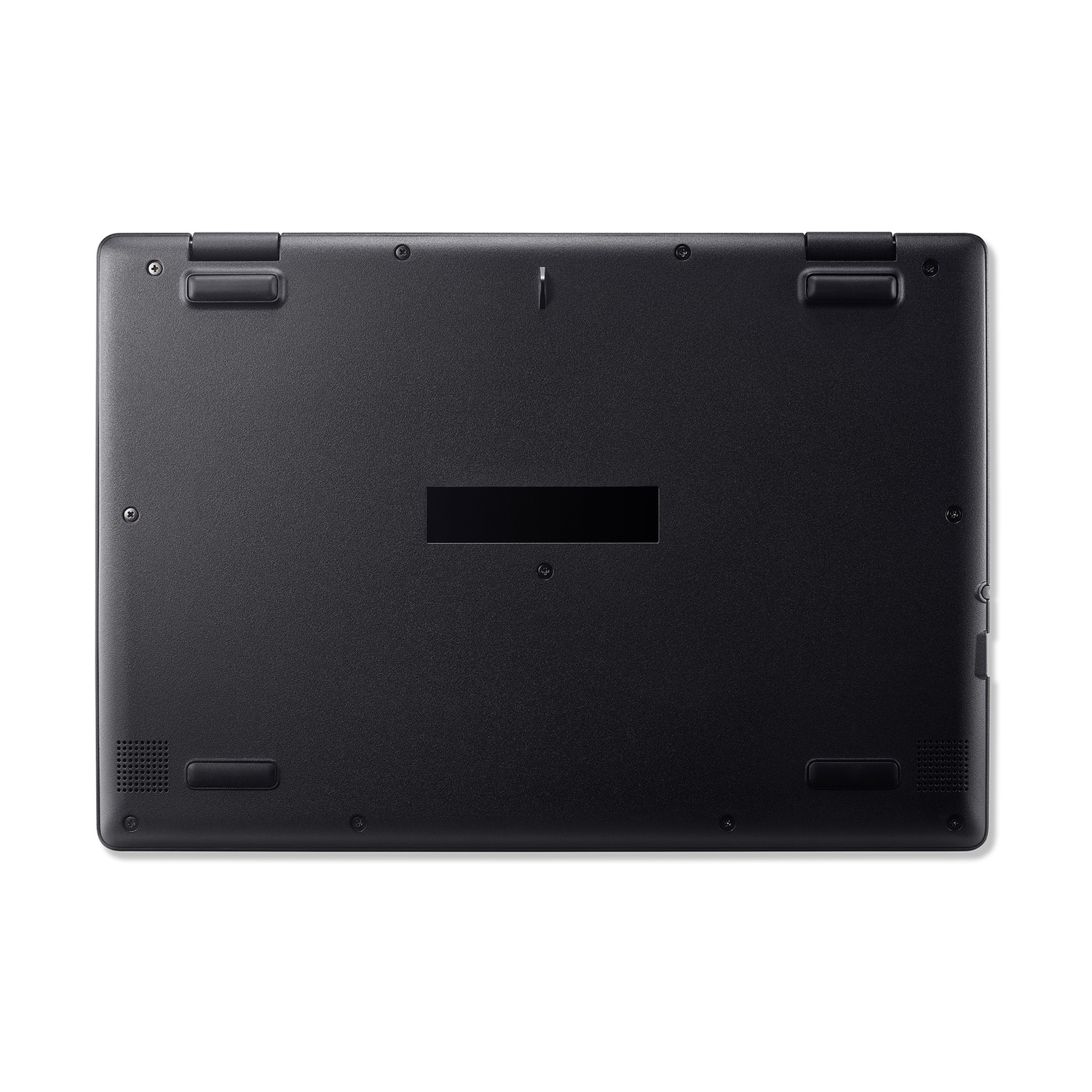 Il fondo di un laptop nero con prese d'aria e viti visibili.