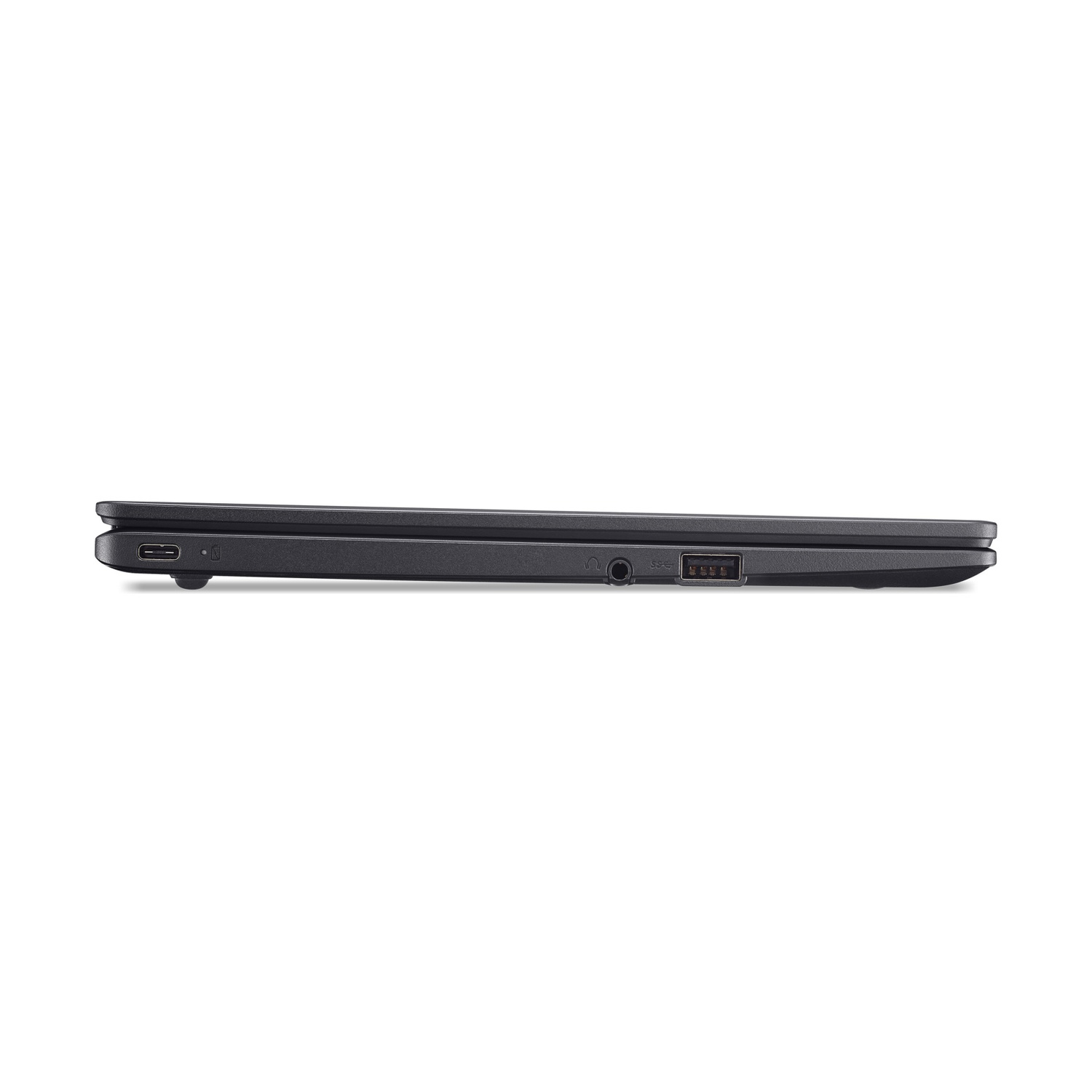 Vista laterale di un laptop nero chiuso che mostra le porte USB-C e USB-A.