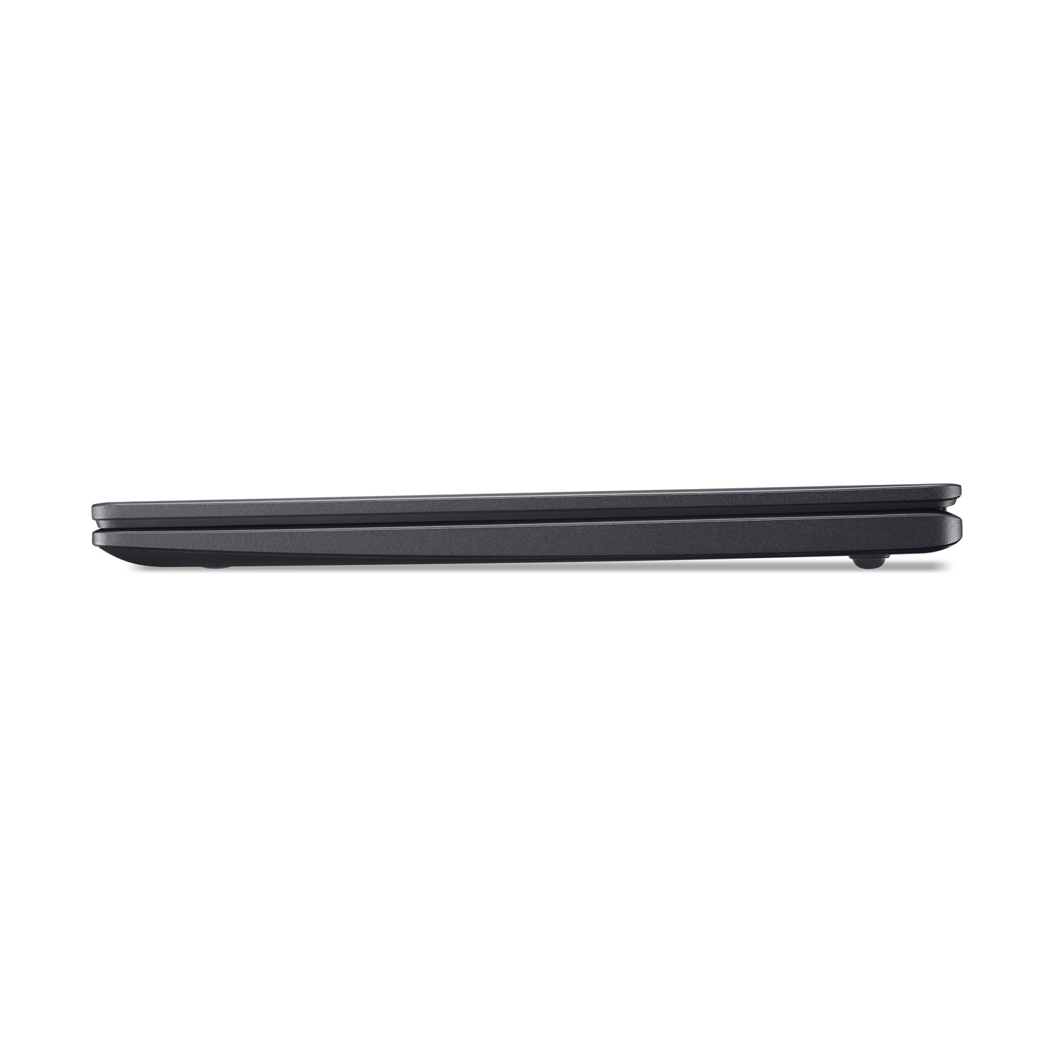 Laptop nero chiuso di profilo laterale su sfondo bianco.