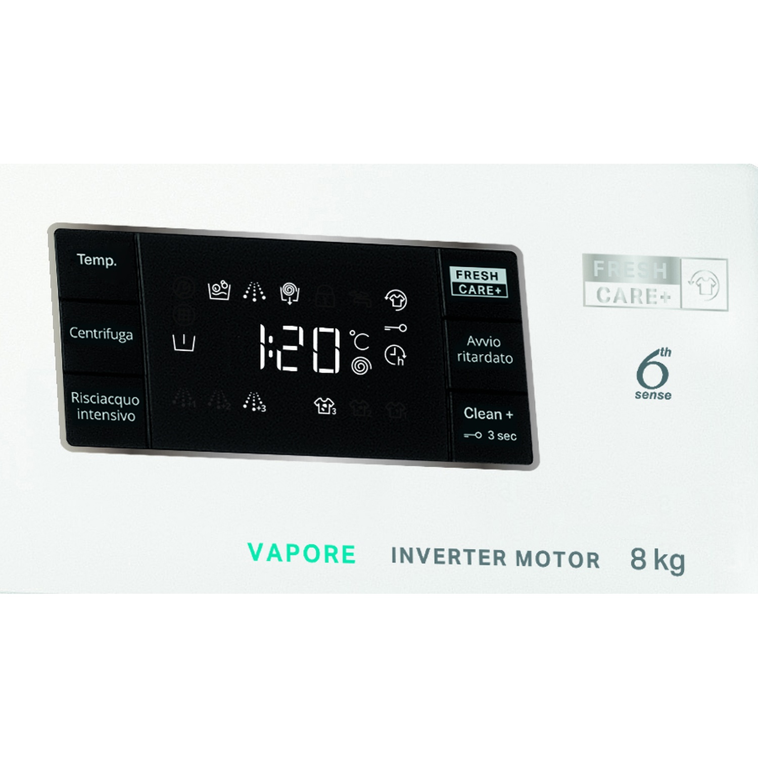 Pannello di controllo lavatrice con programmi tempo, centrifuga e risciacquo.