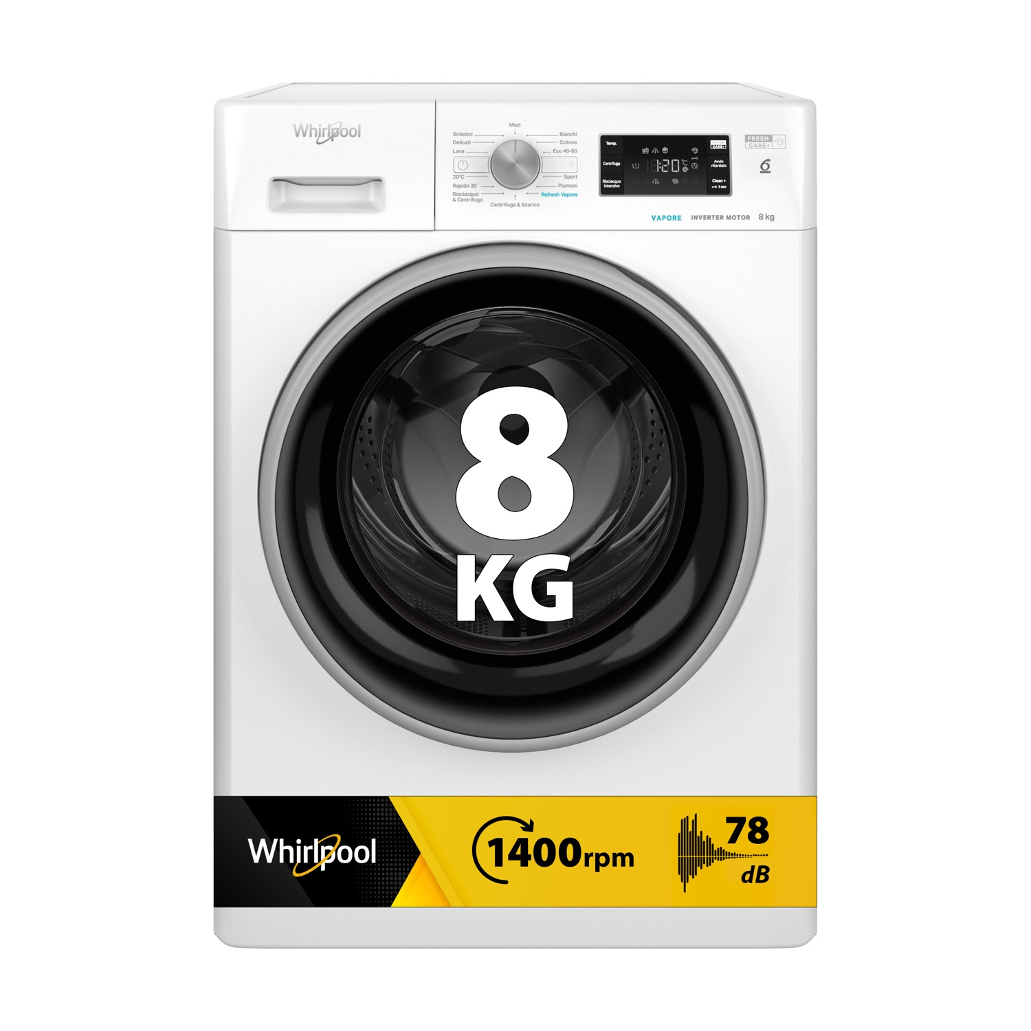 Lavatrice Whirlpool bianca da 8kg, 1400giri, con funzione vapore.