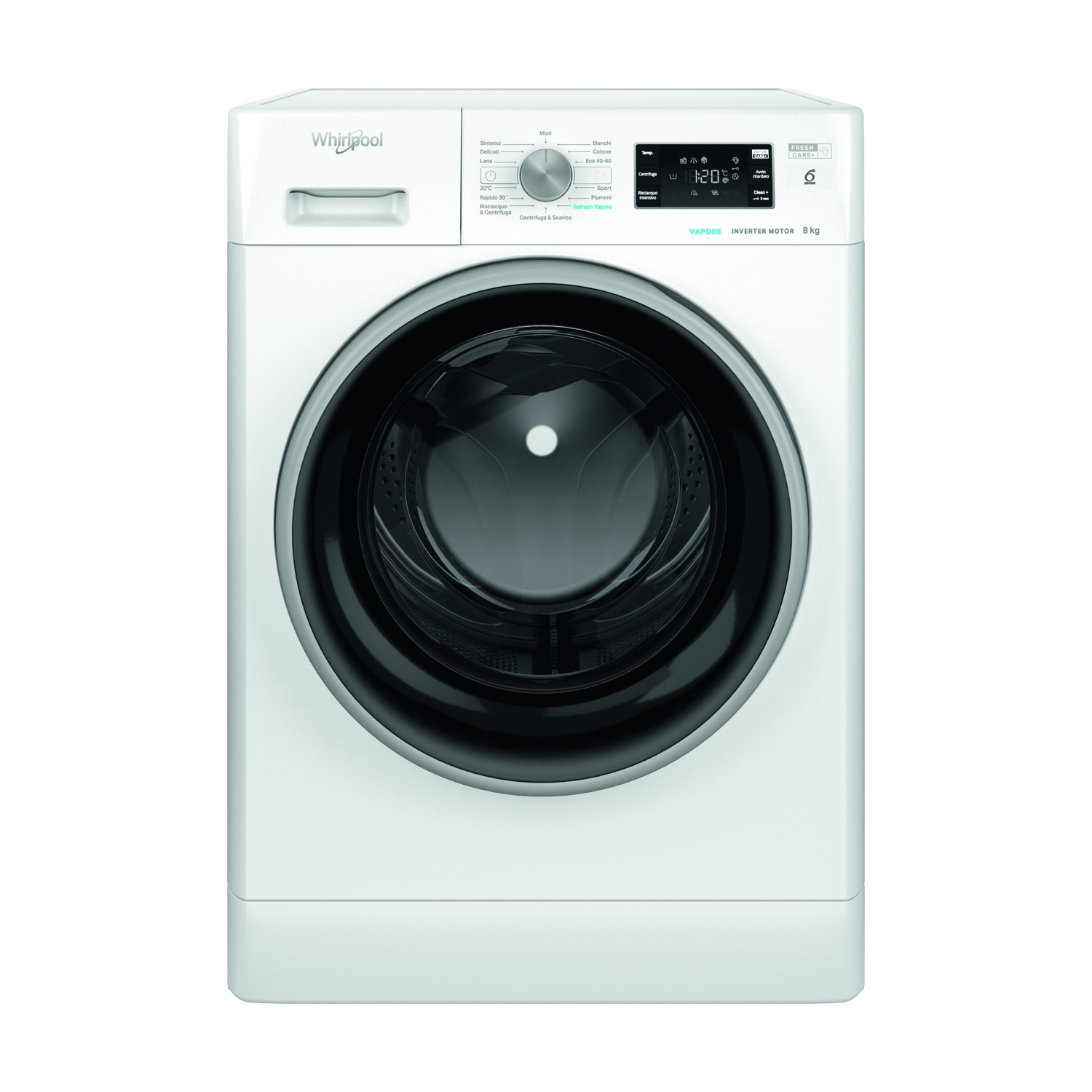 Una lavatrice Whirlpool bianca con oblò grande e pannello di controllo.
