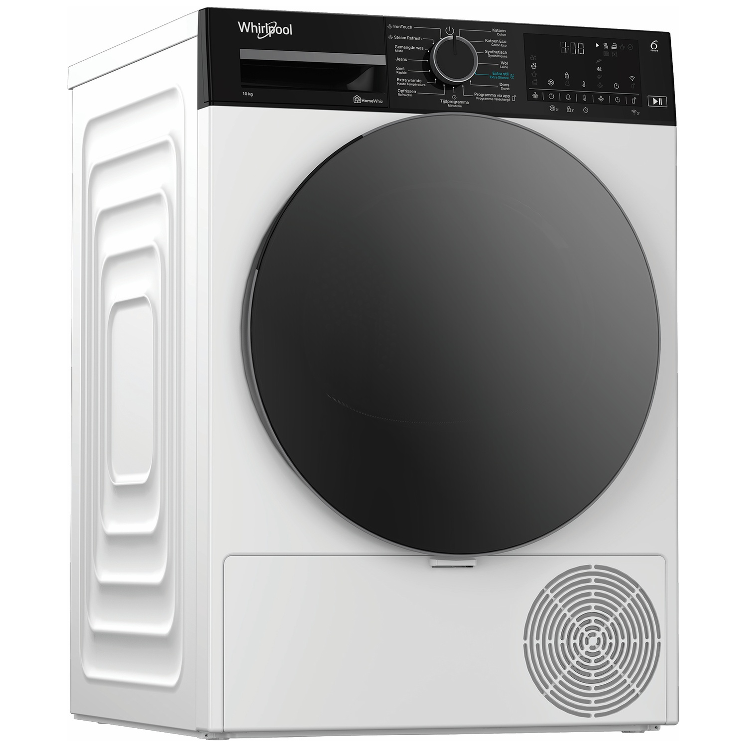 White Whirlpool dryer with a black door and control panel.
