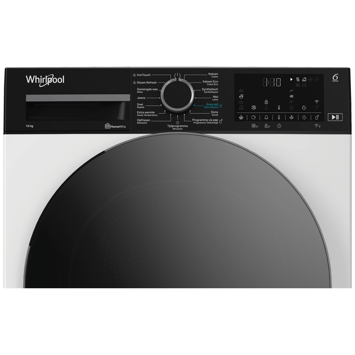 A Whirlpool washing machine with a black control panel and digital display.