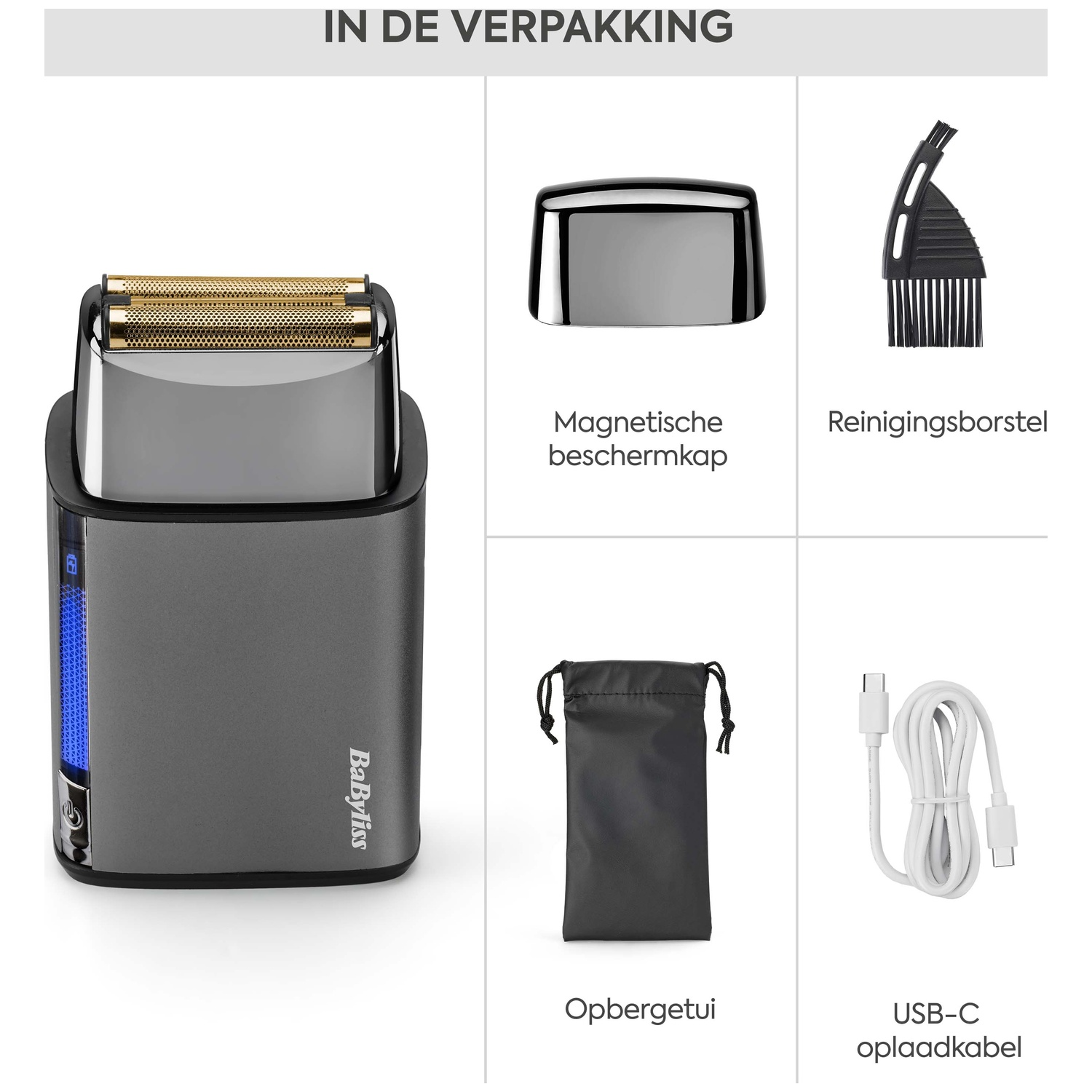 An electric shaver with accessories: protective cap, brush, pouch, charging cable.