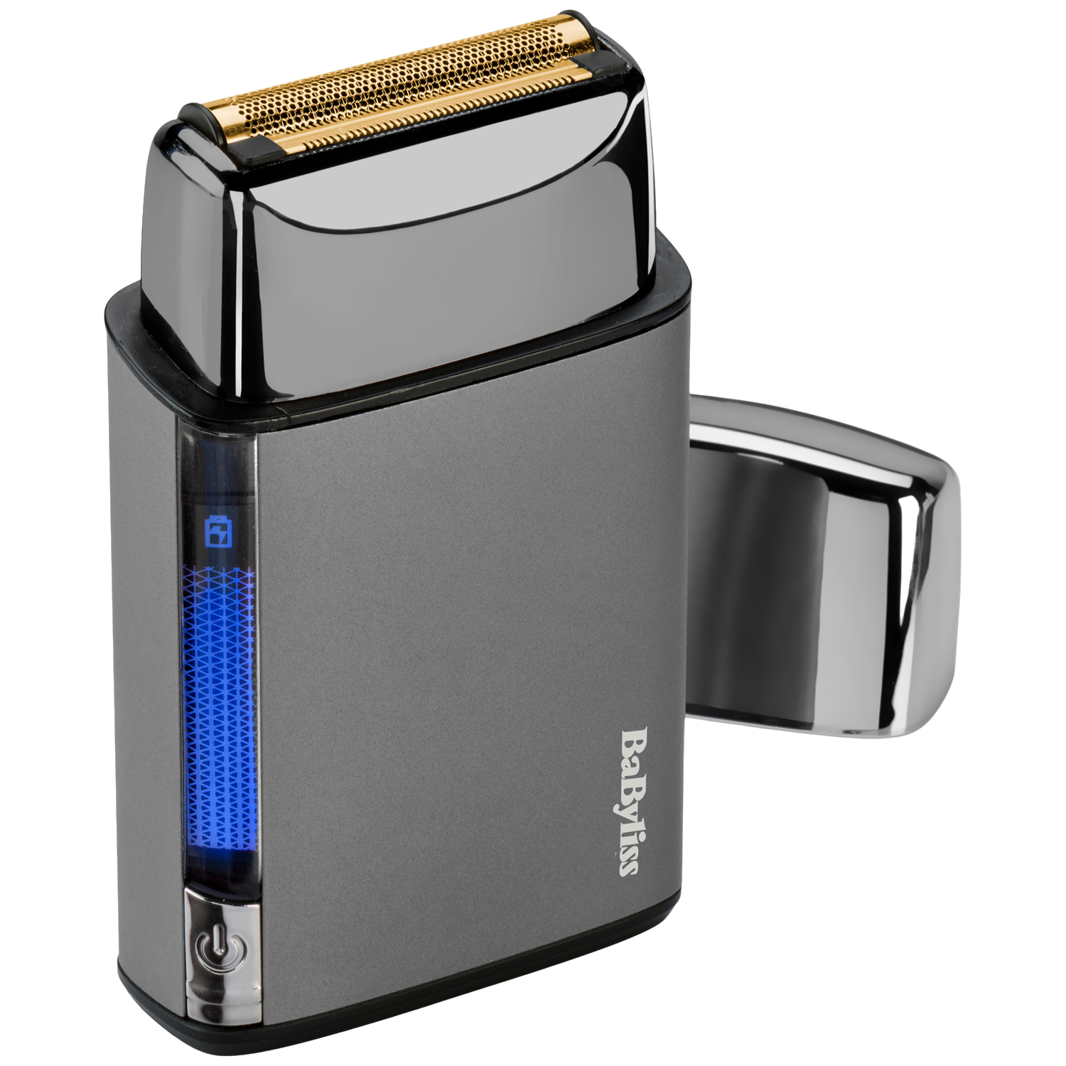 Grijze elektrische scheerapparaat met gouden foliekop en blauw LED-display.