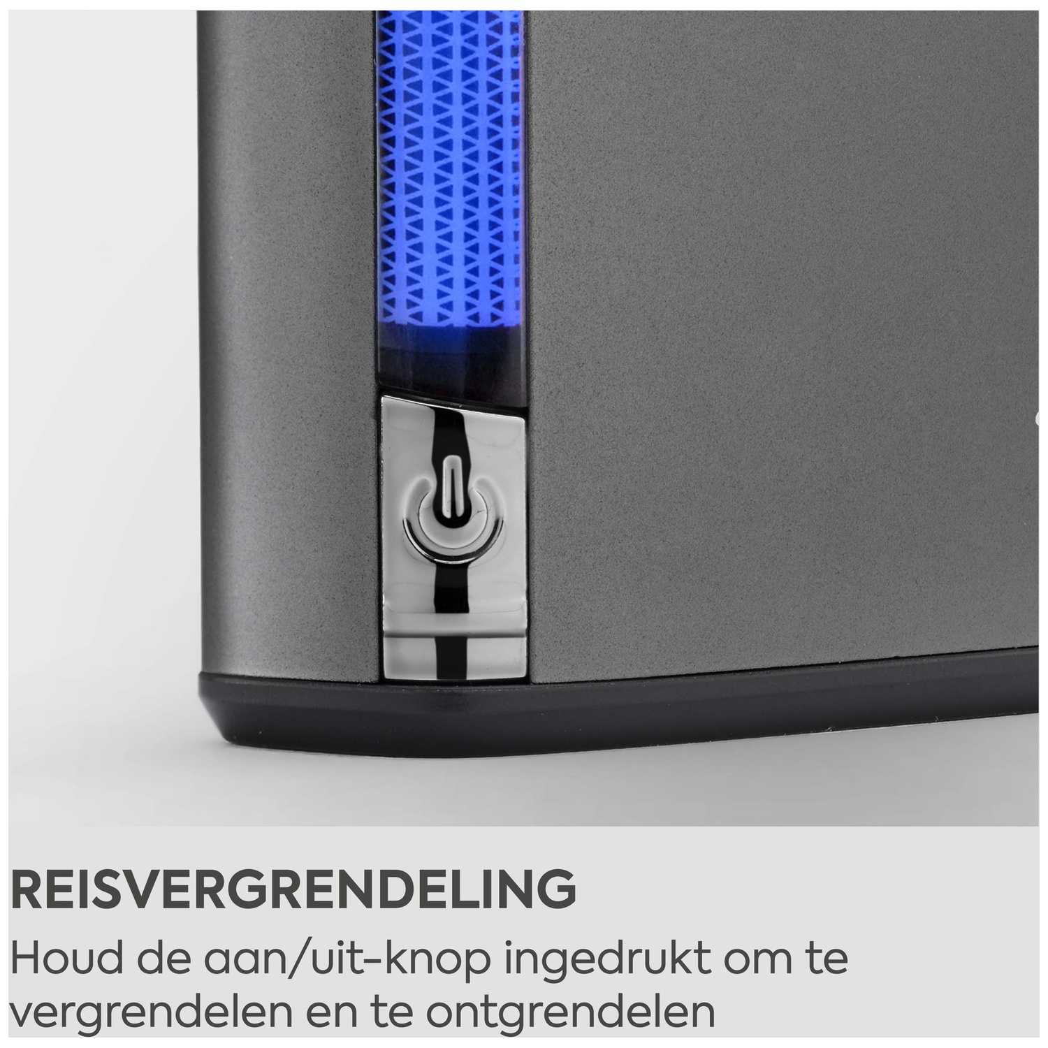Grijs apparaat met blauw patroonlicht en aan/uit-knop.
