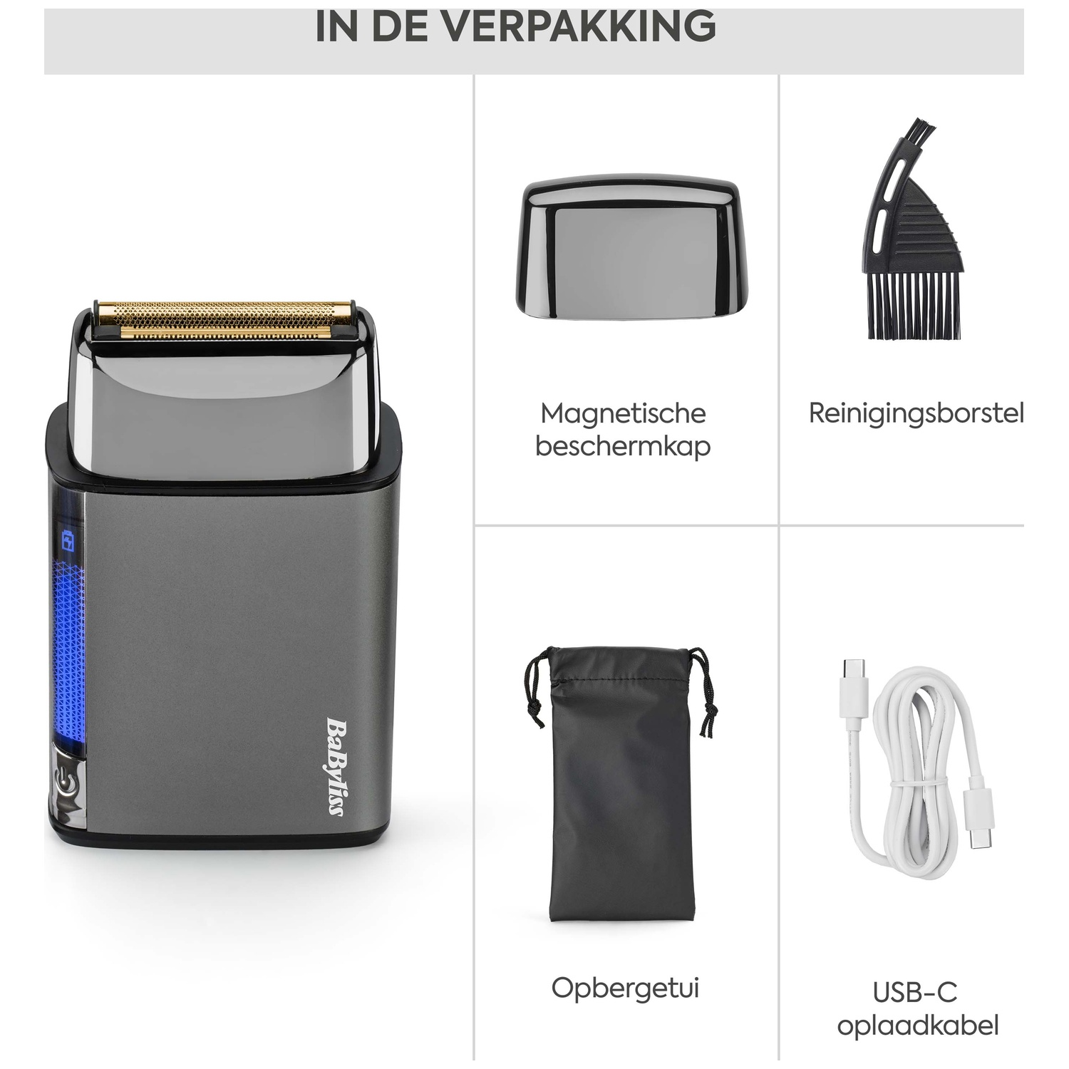 Een zilveren scheerapparaat met gouden folie, beschermkap, borstel, zakje en USB-C kabel.