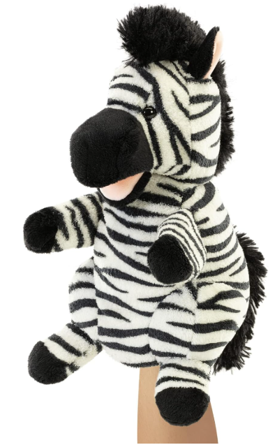 Plüschtier-Zebra-Handpuppe mit schwarzen und weißen Streifen, auf weißem Hintergrund.