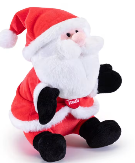 Ein sitzender Plüsch-Weihnachtsmann in Rot mit weißem Bart und roter Mütze.