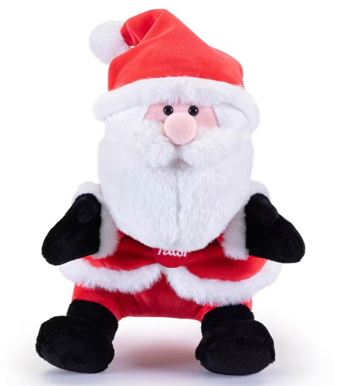 Ein Plüsch-Weihnachtsmann mit roter Mütze und weißem Bart, sitzt.