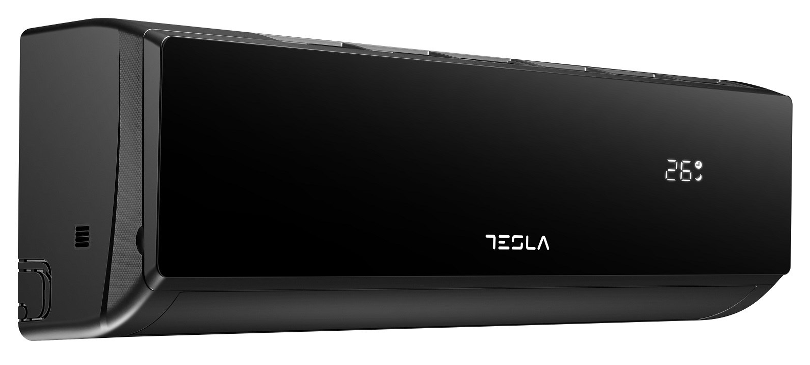 Fekete Tesla légkondicionáló beltéri egység digitális 26°C kijelzővel.