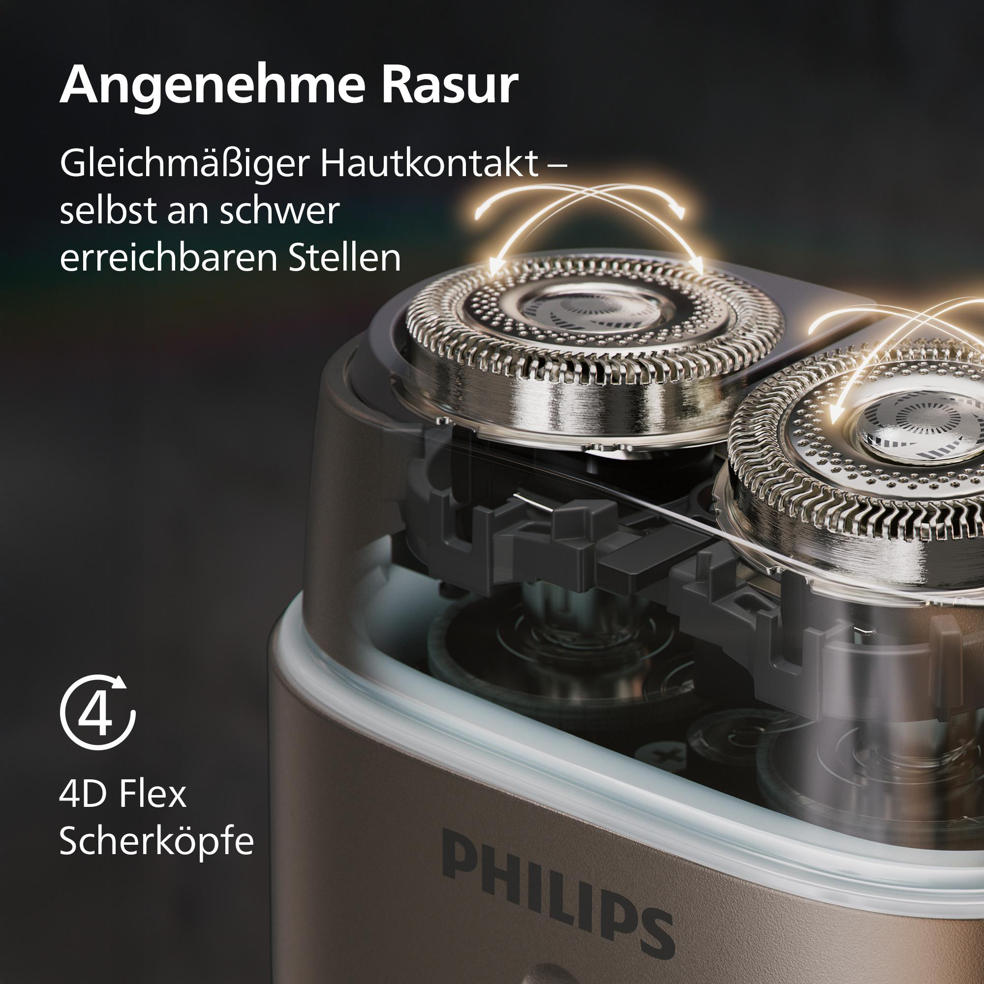 Nahaufnahme eines Philips Rasierers mit 4D Flex Scherkoepfen und leuchtenden Linien.