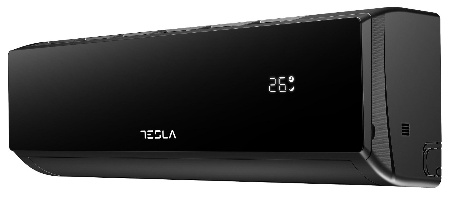 Fekete Tesla légkondicionáló digitális hőmérséklet kijelzővel, 26 fokkal.