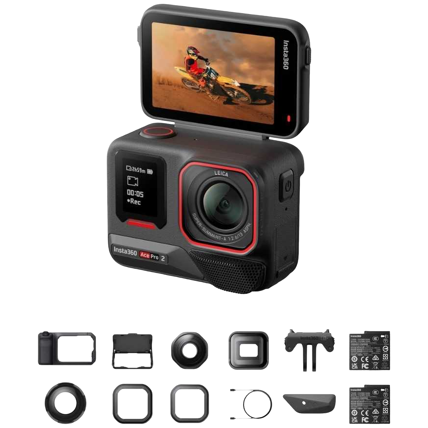 Een zwarte Insta360 Ace Pro 2 camera met accessoires.