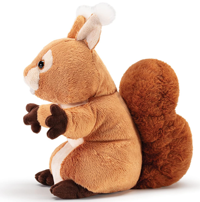 Ein braunes Eichhörnchen-Stofftier sitzt seitlich mit aufgerichteten Ohren und einem buschigen Schwanz.