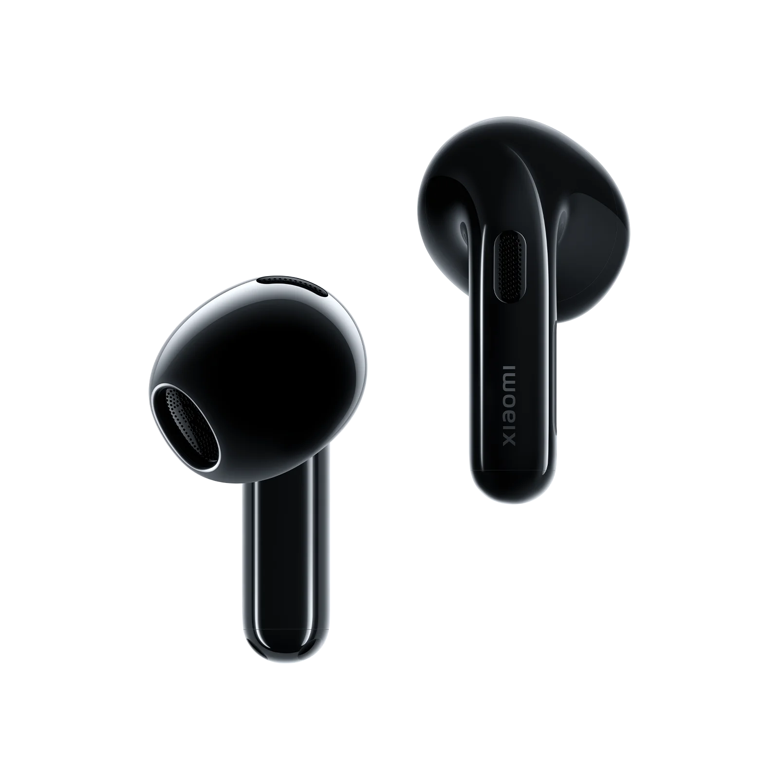 Két fényes fekete vezeték nélküli fülhallgató Xiaomi logóval, fehér háttéren.