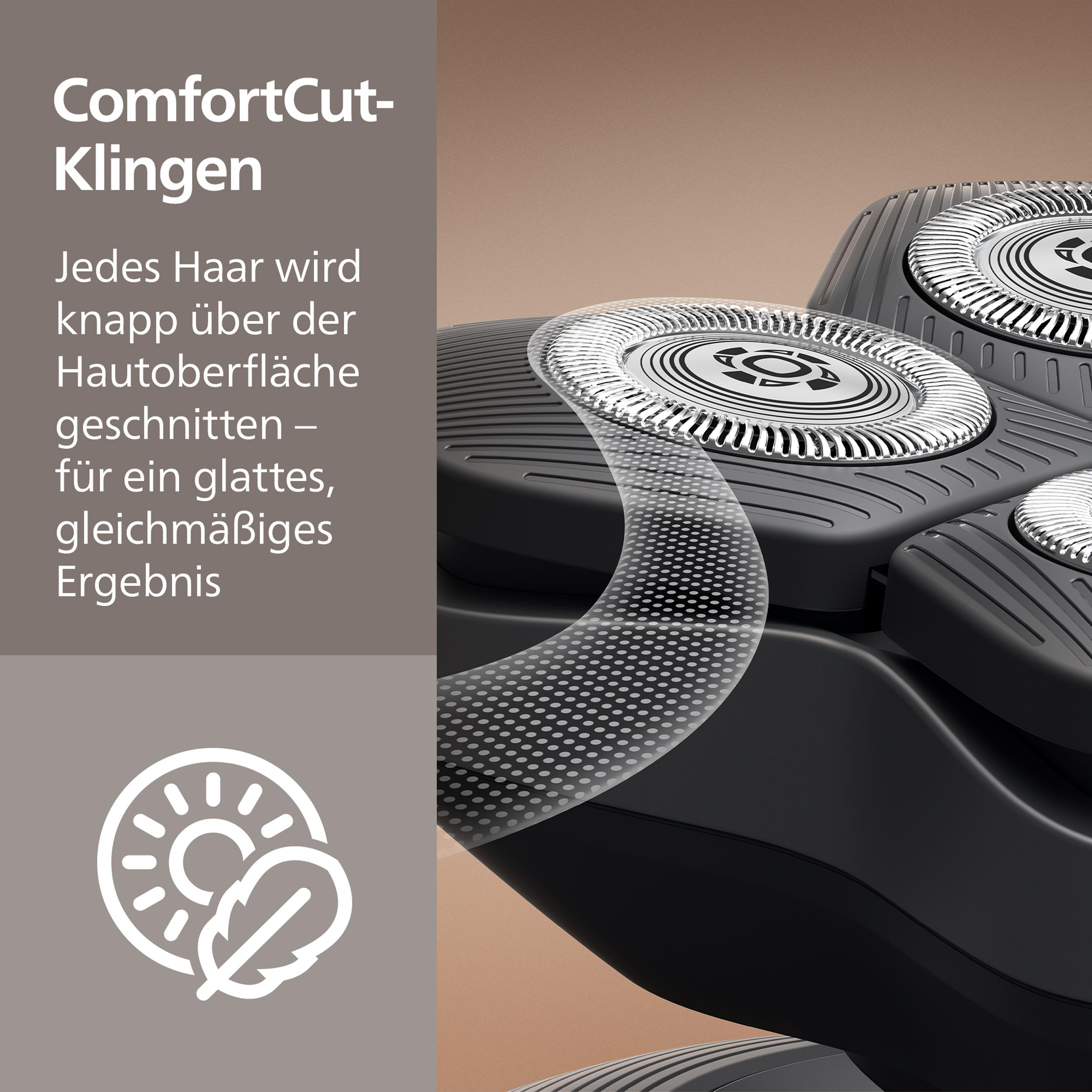 Nahaufnahme eines Rasierkopfes mit ComfortCut-Klingen und Text.