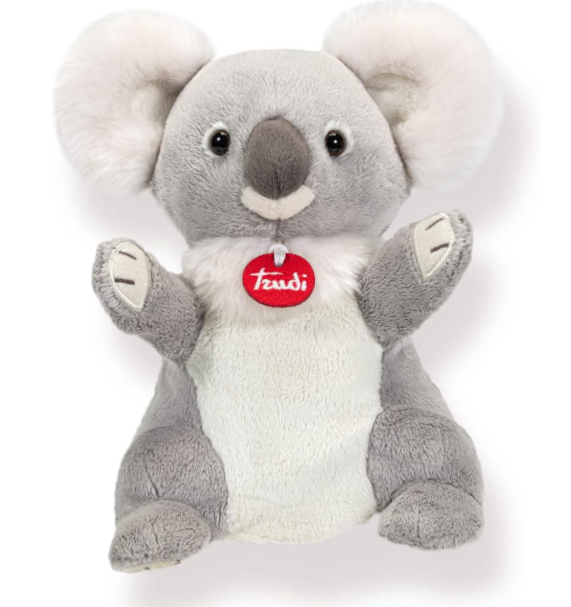 Ein grauer Plüschkoala mit weißen Ohren und einem roten Etikett.