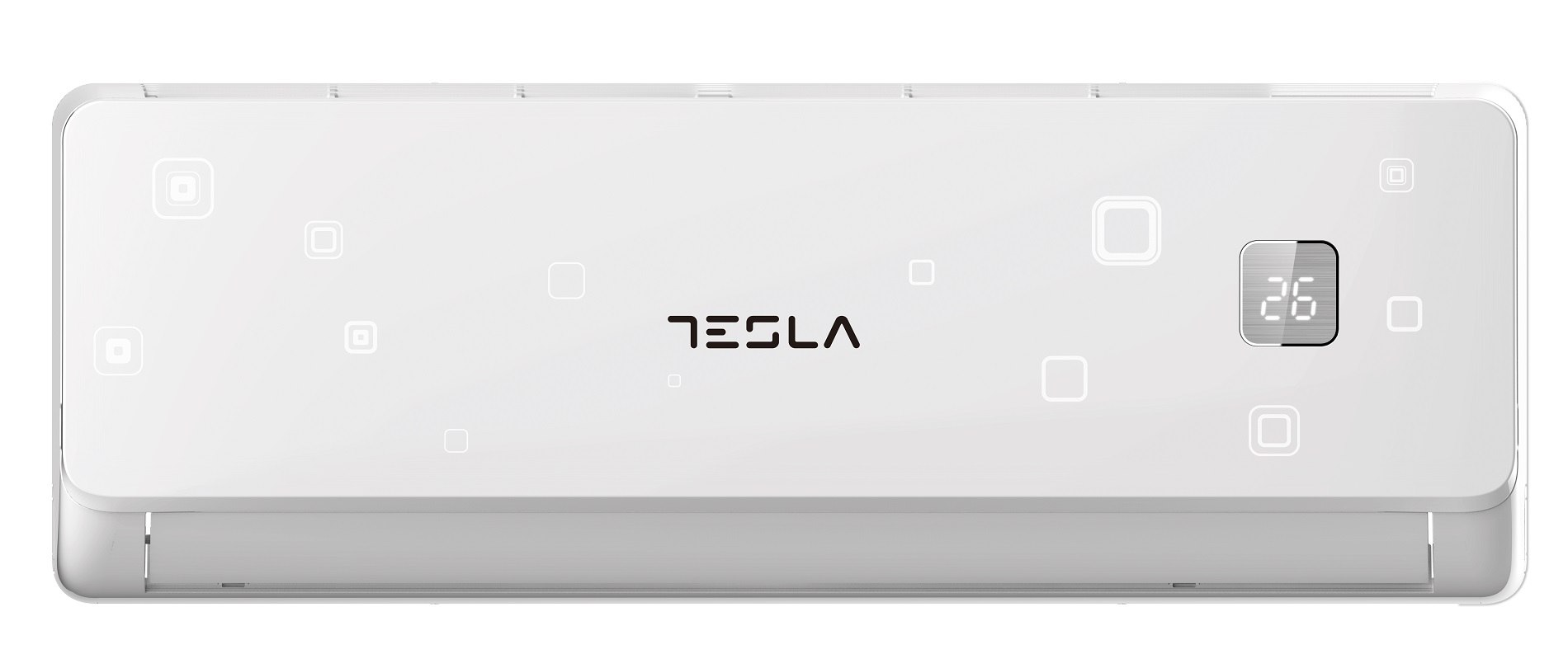 Fehér Tesla légkondicionáló digitális kijelzőn 26-ot mutat. Négyzetekkel díszítve.