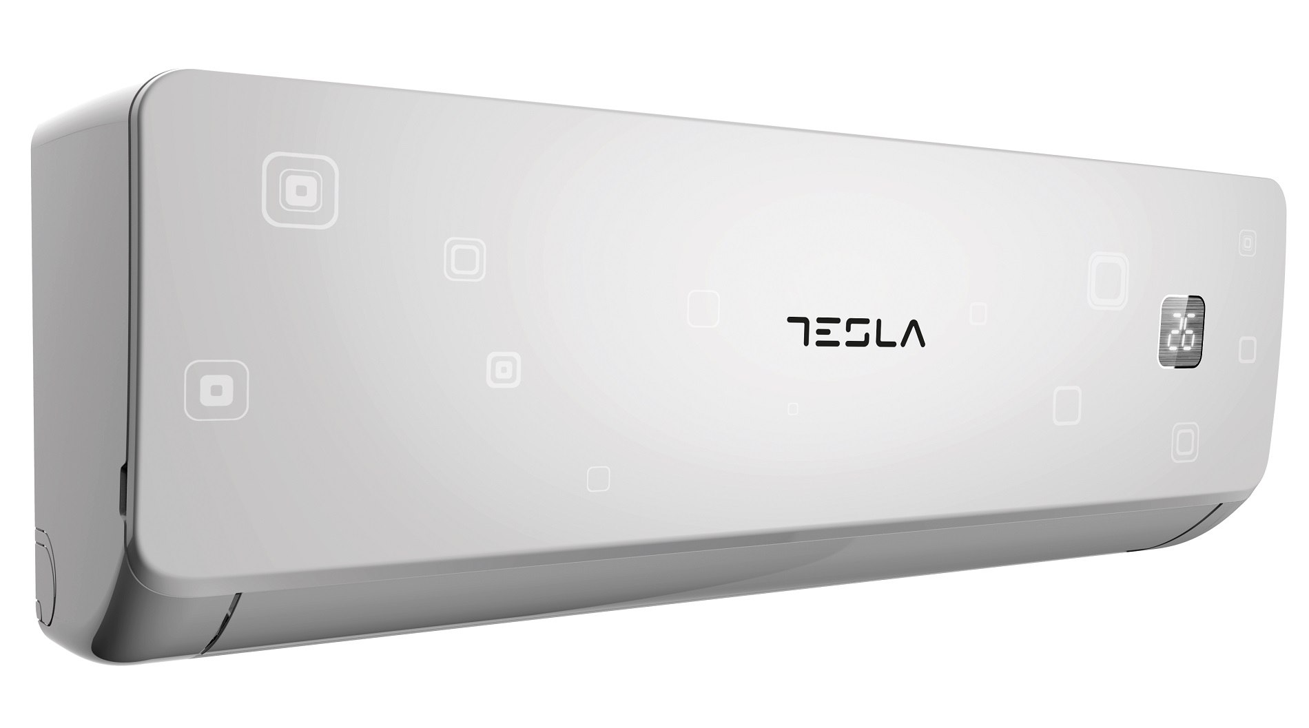Fehér Tesla légkondicionáló fekete Tesla logóval és digitális kijelzővel.