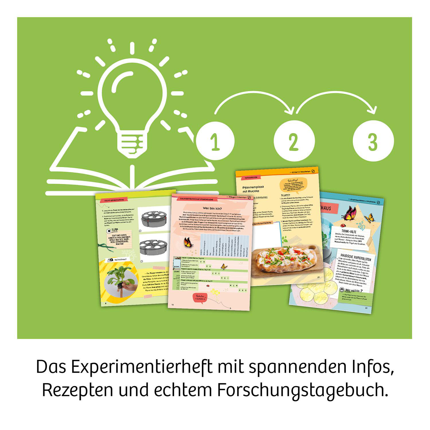 Ein naturwissenschaftliches Heft mit Glühbirne und Zahlen 1-3.