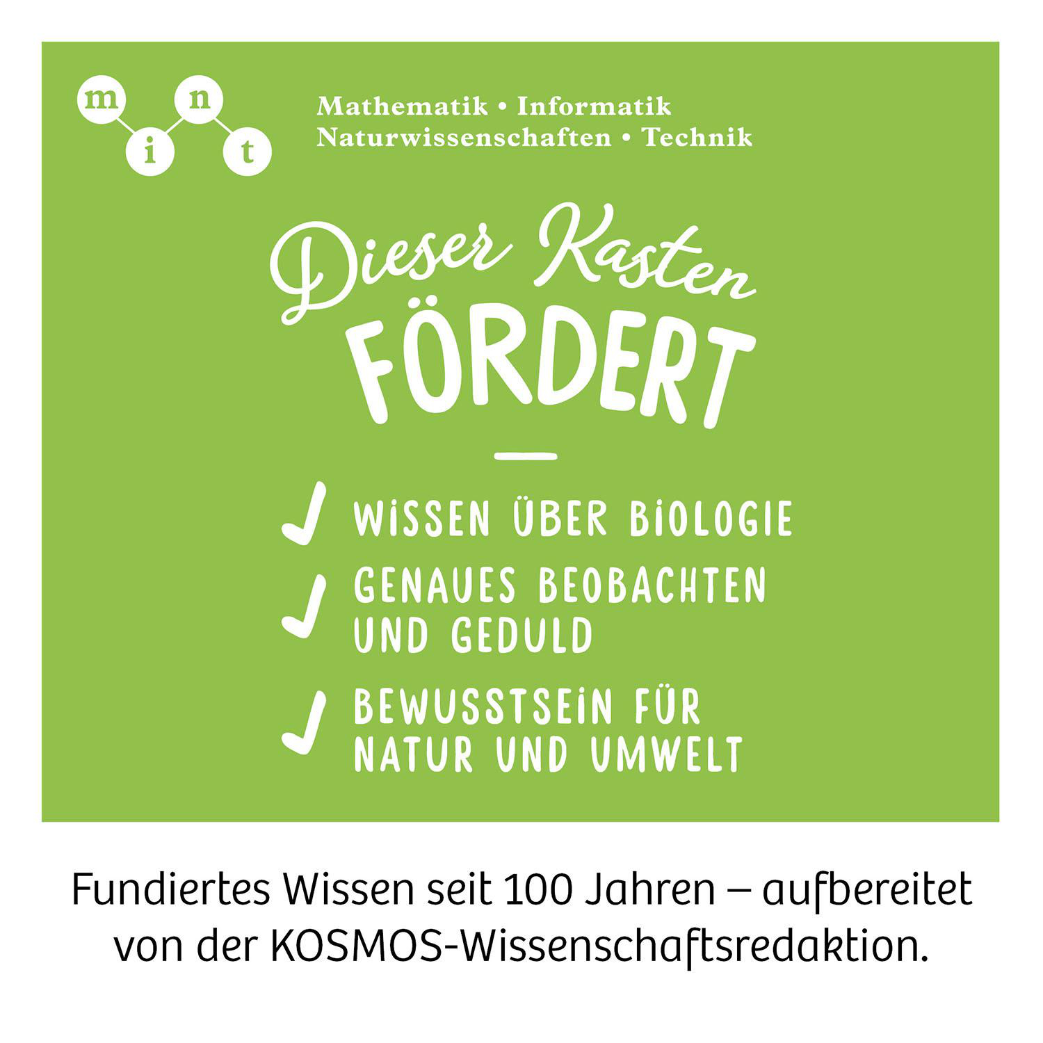 Grüner Kasten mit Text über Förderung von Wissen in Biologie, Beobachtung und Natur.