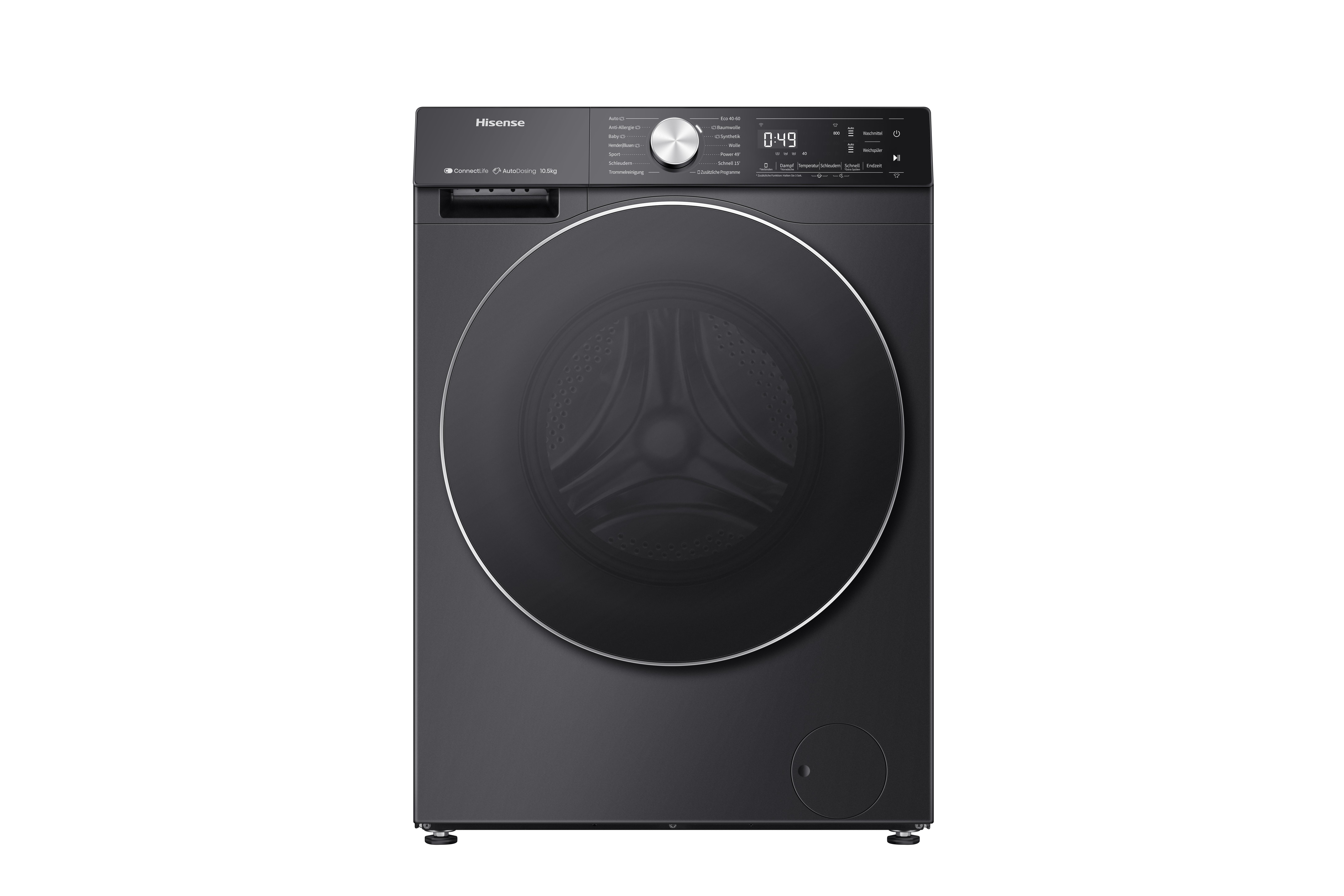 Schwarze Hisense Waschmaschine mit digitalem Display und runder Tür.