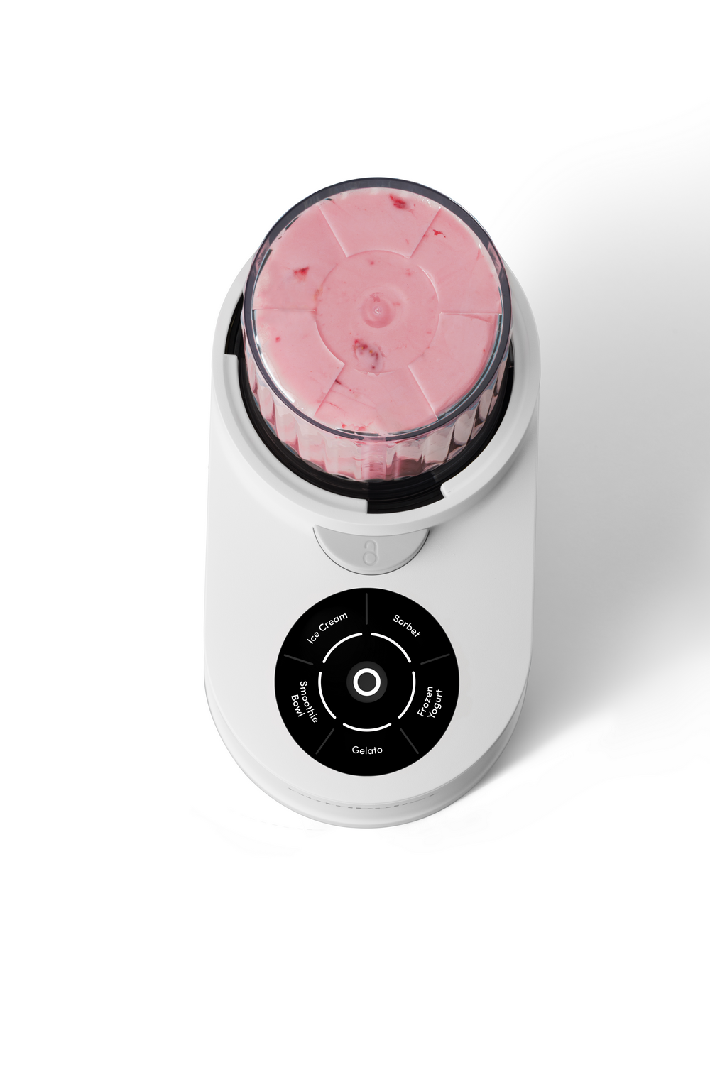 Una máquina de helados blanca con helado rosa y panel de control.