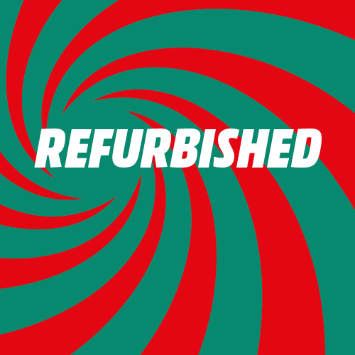 Refurbished-Text auf einem roten und grünen Spiralmuster